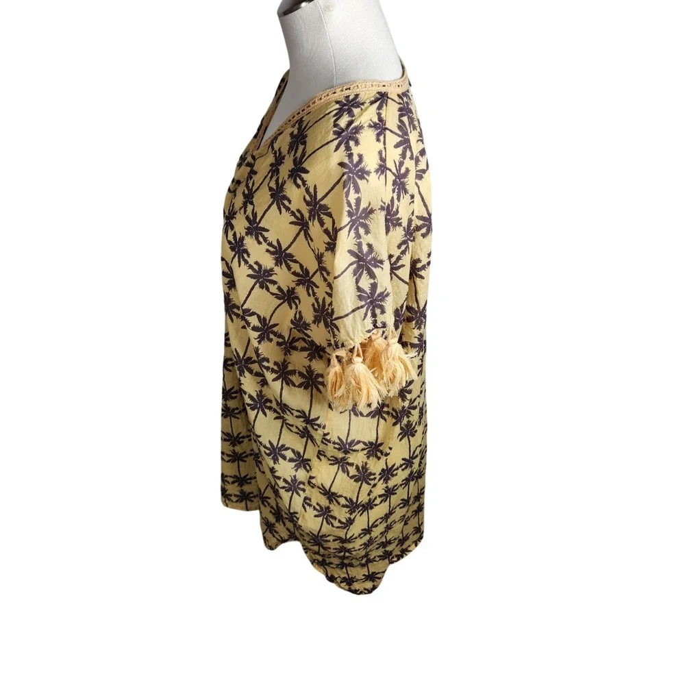 Z&L‎ Europe Cover Up Yellow Palm Tree Print Tassels Beach Pool Swim Vacation